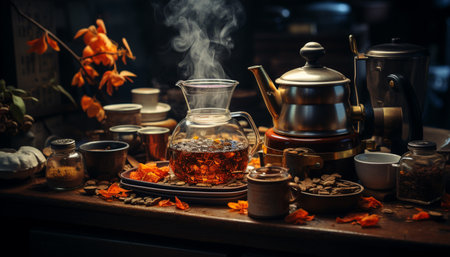 Heat, temperature, food, drink, table, wood, dark, cooking, coffee, cultures generated by artificial intelligenceの素材