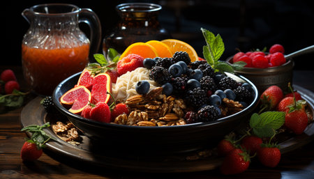 Freshness and sweetness in a bowl of organic berry granola generated by artificial intelligenceの素材