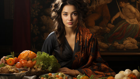 Smiling woman, fresh vegetables, healthy eating, fashion model, autumn decoration generated by artificial intelligenceの素材