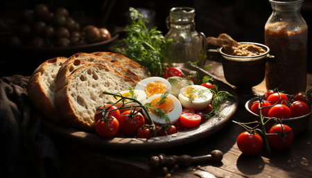 Freshness on a wooden table, gourmet meal rustic, healthy eating generated by artificial intelligenceの素材