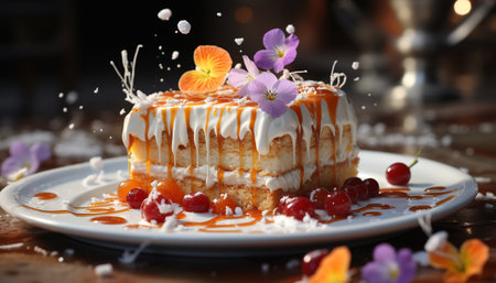 Freshness and sweetness adorn the homemade birthday cake with whipped cream generated by artificial intelligenceの素材
