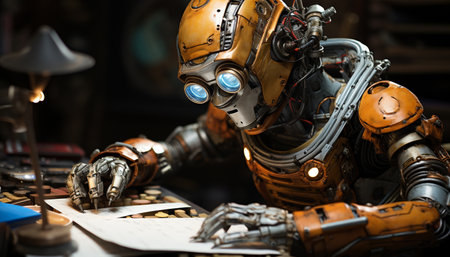 Futuristic robotic toy soldiers working in a small machinery workshop generated by artificial intelligenceの素材