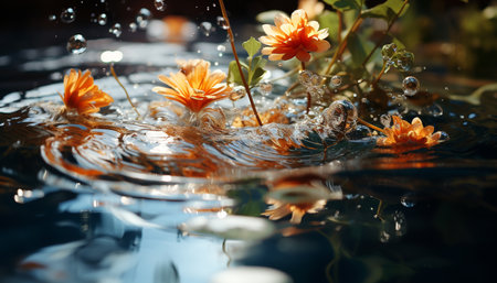 Nature beauty reflected in a tranquil pond, vibrant with life generated by artificial intelligenceの素材