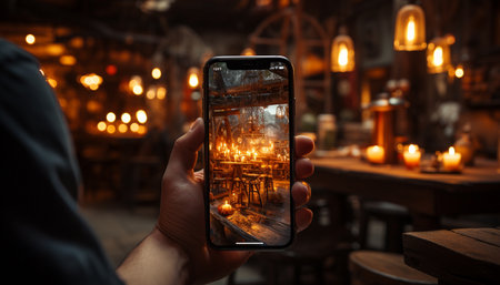 Hand holding mobile phone, photographing flame on candle in dark generated by artificial intelligenceの素材