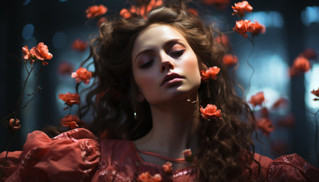 Young woman with long brown hair smiling, surrounded by autumn leaves generated by artificial intelligenceの素材