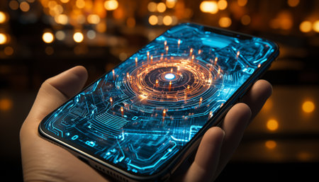 Hand holding illuminated mobile phone, working indoors with wireless technology generated by artificial intelligenceの素材