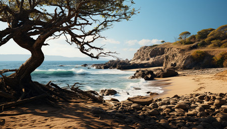Tranquil scene: Sunset paints beauty over tranquil waters and sandy coastline generated by artificial intelligenceの素材