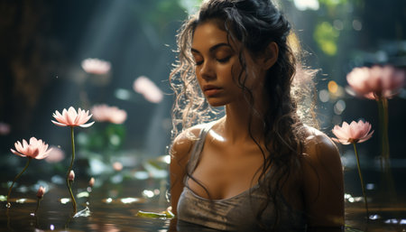 Young woman with brown hair smiling, enjoying the beauty of nature generated by artificial intelligenceの素材