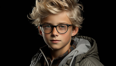 Caucasian boy with blond hair and eyeglasses looking confidently at camera generated by artificial intelligenceの素材