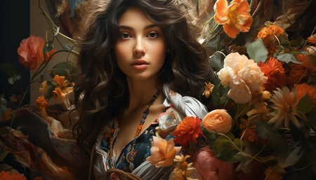 A beautiful young woman with brown hair and a flower generated by artificial intelligenceの素材