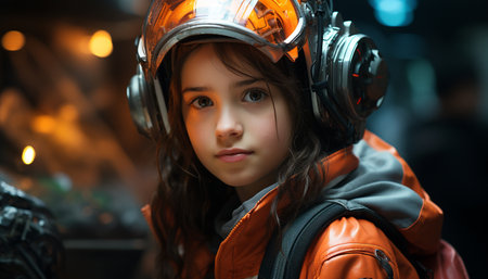 A joyful girl playing indoors, looking at camera with confidence generated by artificial intelligenceの素材