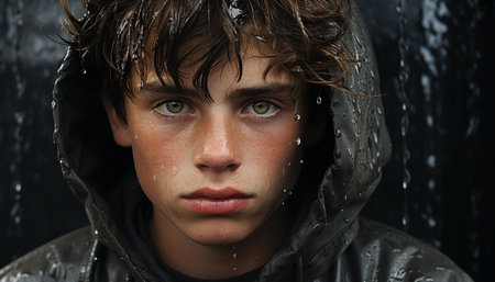 Sadness and loneliness in a wet portrait of a Caucasian child generated by artificial intelligenceの素材