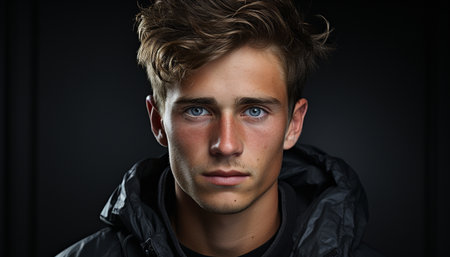 Portrait of a confident, serious, and fashionable Caucasian teenager staring generated by artificial intelligenceの素材