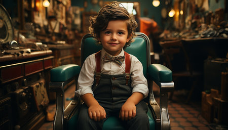 Smiling Caucasian boy sitting indoors, looking at camera, cute and cheerful generated by artificial intelligenceの素材