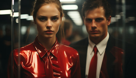 Two confident young women in suits looking at the camera generated by artificial intelligenceの素材