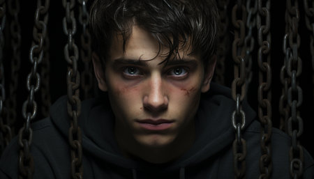 Sadness and loneliness trapped in a prison cell generated by artificial intelligenceの素材