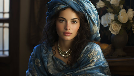 Beautiful young woman with brown hair looking confidently at the camera generated by artificial intelligenceの素材