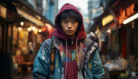 Confident young man in hooded shirt looking at camera at night generated by artificial intelligenceの素材