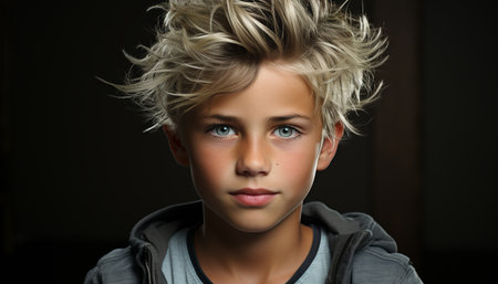 Cute blond schoolboy with a small, serious, confident, joyful expression generated by artificial intelligenceの素材