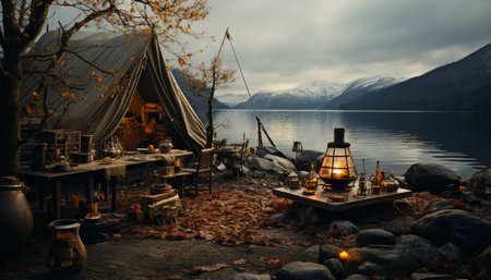 Nature beauty in autumn camping by the mountain, forest, and water generated by artificial intelligenceの素材