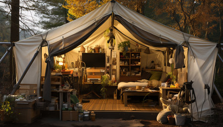 Comfortable camping tent in a modern home interior surrounded by nature generated by artificial intelligenceの素材