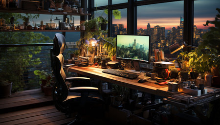 A modern office desk with computer monitor, chair, and window generated by artificial intelligenceの素材