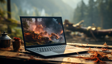 Working in a modern office, surrounded by nature autumn landscape generated by artificial intelligenceの素材