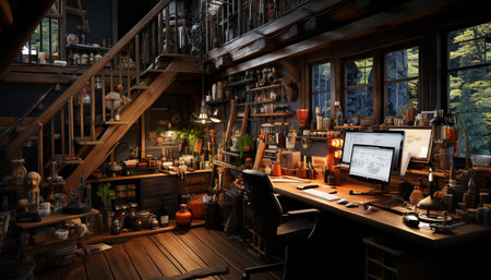 Inside the workshop, men work with wood and modern technology generated by artificial intelligenceの素材