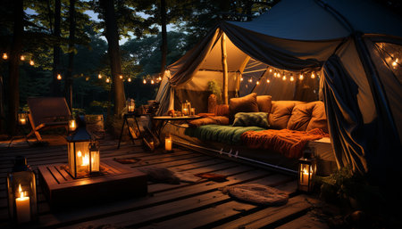Tranquil camping in nature tent, fire, lantern, relaxation, comfort generated by artificial intelligenceの素材