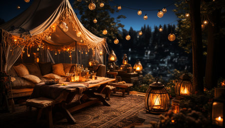 Celebration of winter, illuminated tree, cozy home, rustic elegance generated by artificial intelligenceの素材