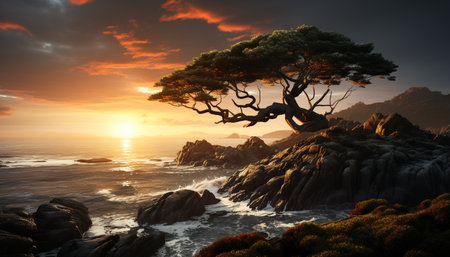 Tranquil scene sunset paints nature beauty on rocky coastline generated by artificial intelligenceの素材