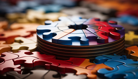 The puzzle of success teamwork, strategy, and innovation interlocked generated by artificial intelligenceの素材