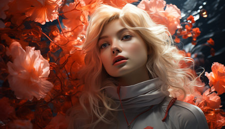 Blond-haired beauty, caucasian elegance, autumn portrait, fashion model sensuality generated by artificial intelligenceの素材