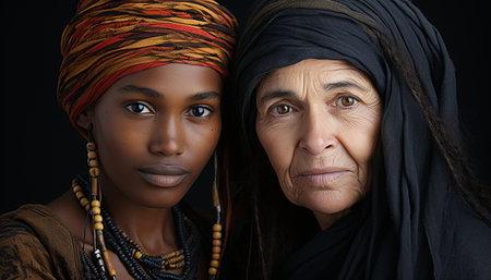 Beautiful women looking at camera, smiling, wearing headscarf and hijab generated by artificial intelligenceの素材