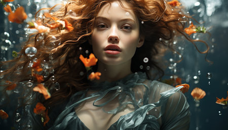 Beautiful woman with long curly brown hair, smiling and looking at camera generated by artificial intelligenceの素材