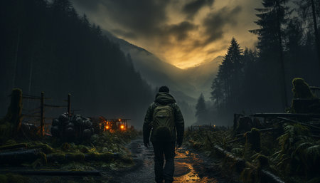 Men hiking in the fog, exploring the mysterious mountain landscape generated by artificial intelligenceの素材