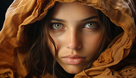 Beautiful woman with brown hair looking at camera with confidence generated by artificial intelligenceの素材