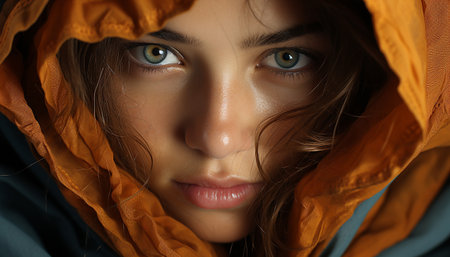 Beautiful woman with brown hair, looking at camera, exuding elegance generated by artificial intelligenceの素材