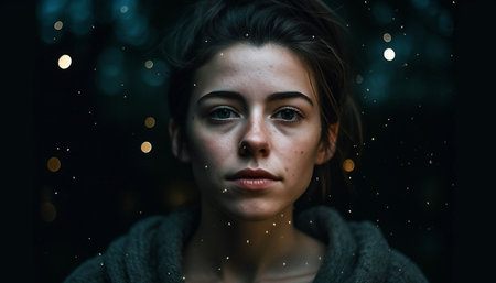 Young adult woman, portrait of beauty in winter outdoors looking generated by artificial intelligenceの素材