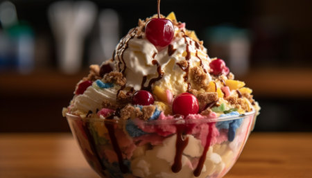 Indulgent ice cream sundae with fresh berries and whipped cream generated by artificial intelligenceの素材