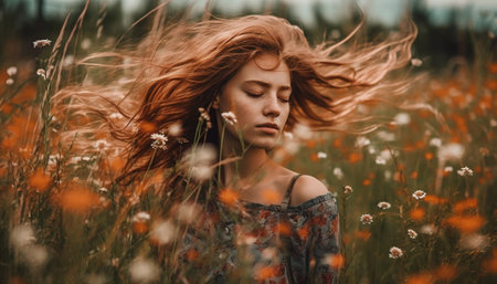 One young woman enjoys carefree summer relaxation in nature generated by artificial intelligenceの素材