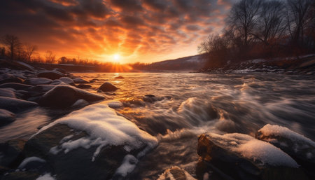 Tranquil sunset over frozen mountain reflects beauty in nature generated by artificial intelligenceの素材