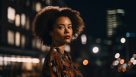 Young African American woman with curly hair smiling outdoors at night generated by artificial intelligenceの素材