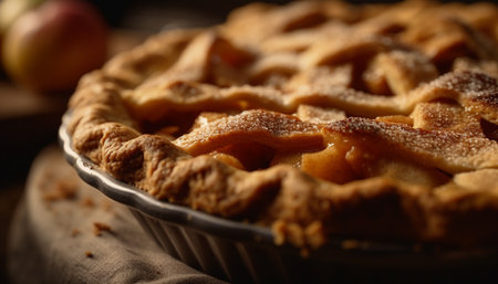 Freshly baked apple pie, a rustic indulgence on wooden plate generated by artificial intelligenceの素材