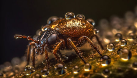 Poisonous arachnid crawls on wet leaf in spooky forest generated by artificial intelligenceの素材