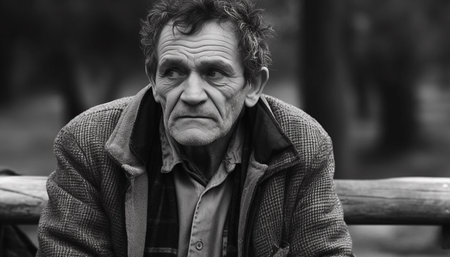 Lonely senior man in nature, facing aging process with hopelessness generated by artificial intelligenceの素材