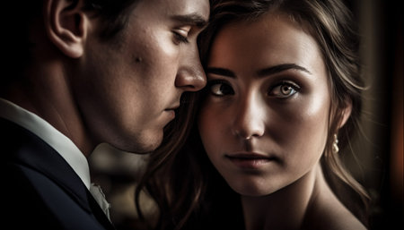 Beautiful young couple in love, embracing outdoors with elegance generated by artificial intelligenceの素材