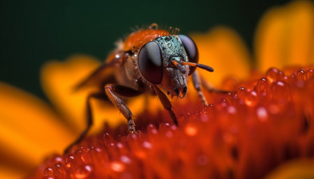 Small yellow bee pollinates single flower in extreme close up generated by artificial intelligenceの素材