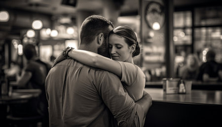 Smiling young couple embracing in black and white city romance generated by artificial intelligenceの素材