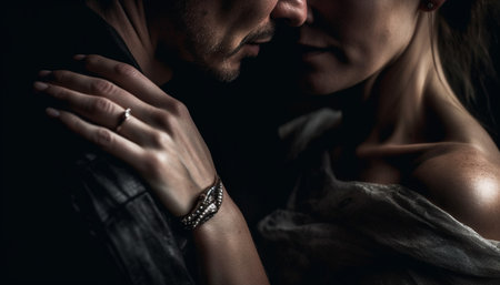 Young couple embracing in close up portrait, exuding sensuality and elegance generated by artificial intelligenceの素材